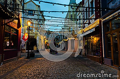 Pedestrian street with Christmas decorations in Kapana district in Plovdiv, Bulgaria Editorial Stock Photo